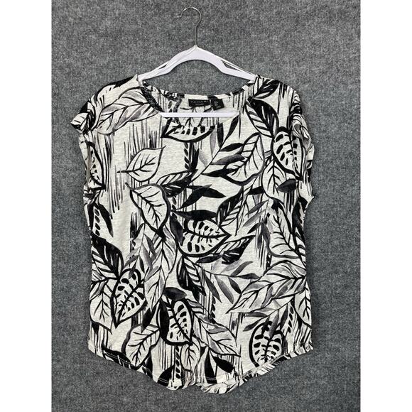 Tahari Tops - Tahari 100% Linen Top Large Black White Short Sleeve Leaf Print Coastal Beachy
